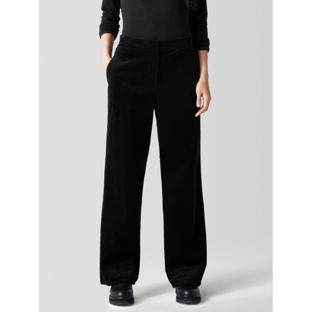 Eileen Fisher Organic Cotton Corduroy Wide-Leg Pant Womens‎ Black Elastic Waist